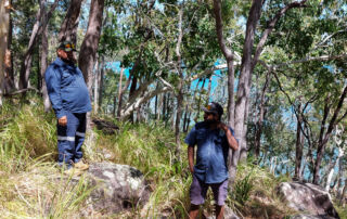 Two Aboriginal rangers showing TRC team members through the bush in Palm Island.