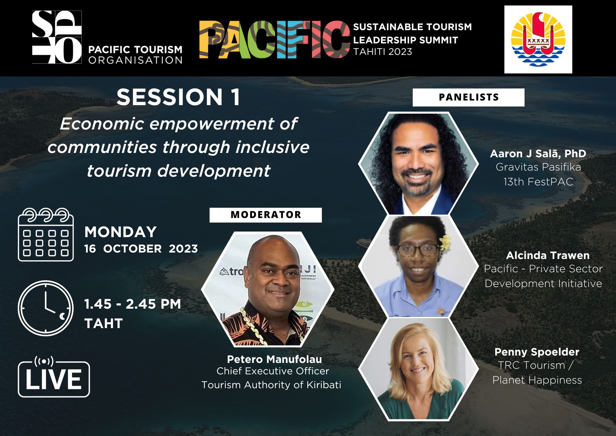 Session 1: Economic empowerment of communities through inclusive tourism development. Featuring Penny Spoelder in discussion with moderation CEO Tourism Authority of Kiribati. 