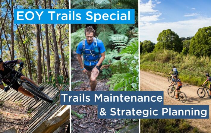Mountain Bike riders and man walking through the rainforest. "EOY Trail Special" "Trail Maintenance and Strategic Planning".