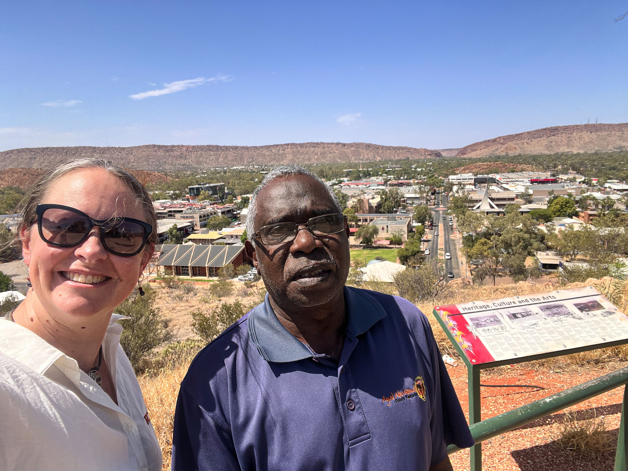 TRC’s Tracey Diddams and Specialist Partner Victor Cooper on top of ANZAC Hill, Mparntwe Alice Springs.