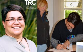 Headshot of New Shareholder and Māori Tourism Specialist Kylie Ruwhiu-Karawana. Māori Tourism Specialist Kylie Ruwhiu-Karawana, signing shareholder agreement with fellow Director Janet Mackay cheerfully smiling in the background.