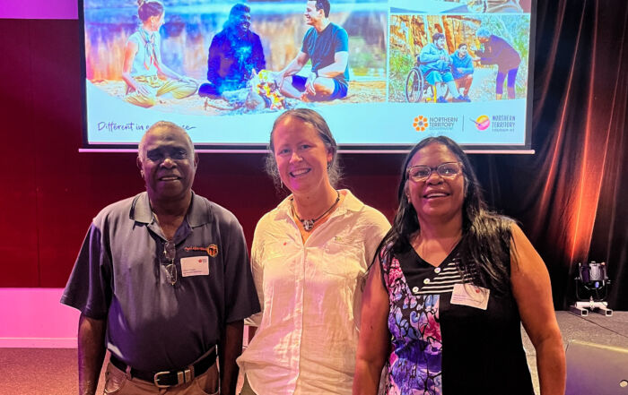 Left to right, TRC’s specialist Cultural Tourism partner Victor Cooper and Consultant Tracey Diddams pictured with Kakadu Billabong Safari Camp business owner Mandy Muir at the Aboriginal Tourism Forum 2023.